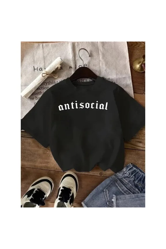 100% Cotton Women's Casual Short Sleeve T-Shirt - Black with White "Antisocial" Print, Dark Academia Style, Soft Breathable Fabric, Machine Washable, Versatile Cas Golf Gift T-Shirt For Men and Women