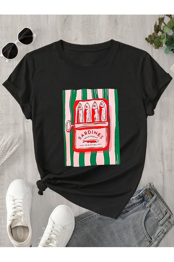 100% Cotton Women's Casual T-Shirt with Sardine Print - Short Sleeve, Machine Washable, White Stripes and Sandwich Design, Perfect for Spring/Summer