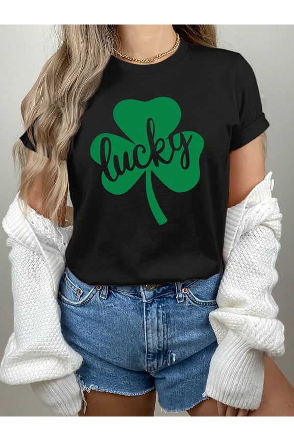 100% Cotton Women's St. Patrick's Day Lucky Clover Graphic Tee - Black Short Sleeve Casual T-Shirt With Green Lettering, Machine Washable, Spring/Summer/Fall Wear, Ladies T Shirts