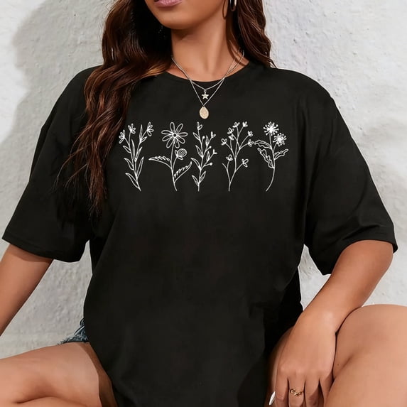 100% Cotton Women's Vintage Floral T Shirt Wildflower Graphic Loose Tees Short Sleeve Casual Tops