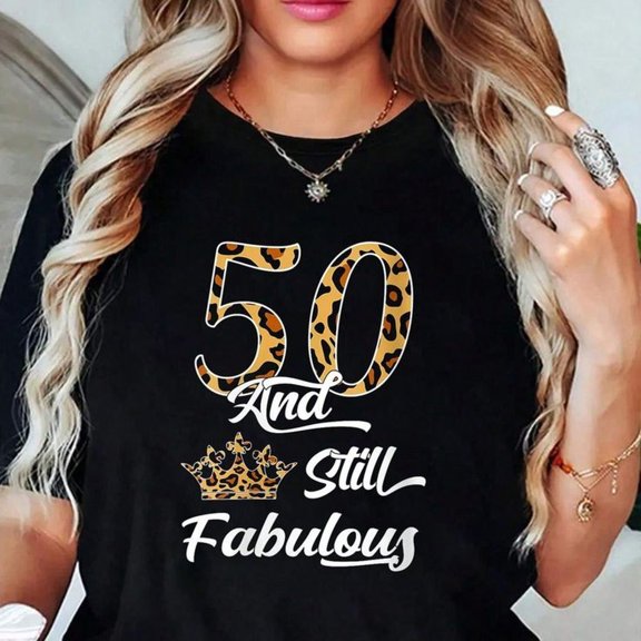 100% Cotton Womens 50 & Fabulous Leopard Print Cool Women's 50th Birthday V-Neck T-Shirt Outfits For Women