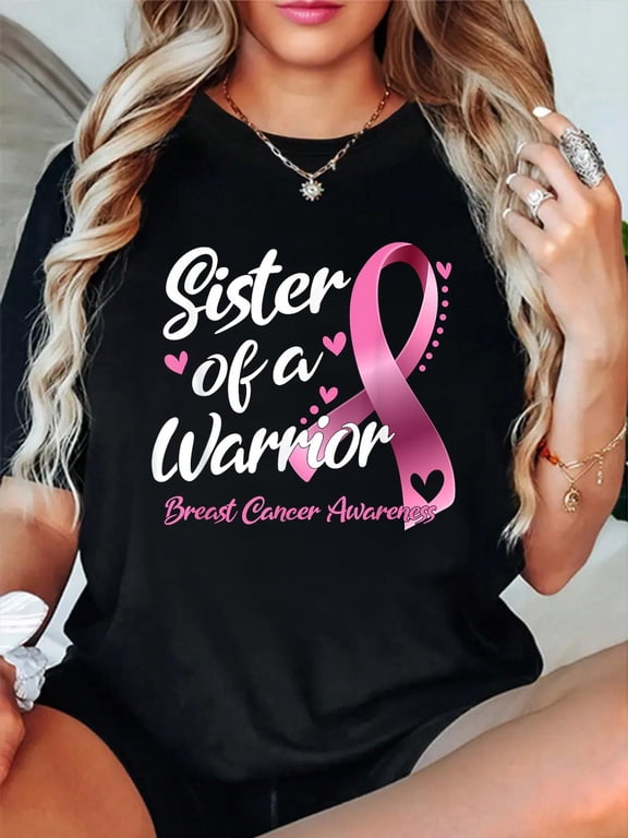 100% Cotton Womens Breast Cancer Fighter Awareness Sister of A Warrior T-Shirt Women's Graphic Tee Casual Tops
