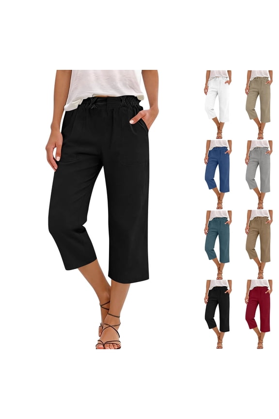 100% Cotton Womens Capri Pants Flat Front Elastic Waisted Pull-On Straight Leg Comfortable Hiking Pants With Pockets