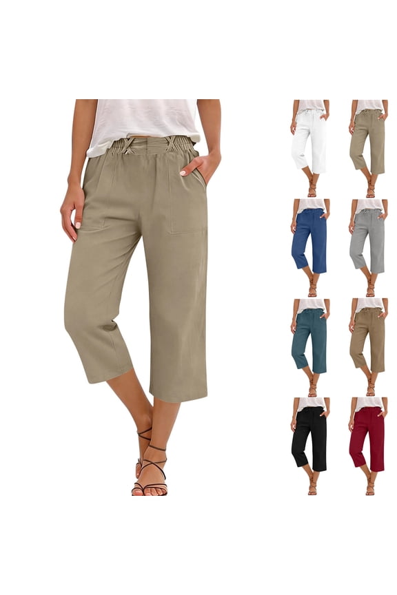 100% Cotton Womens Capri Pants Flat Front Elastic Waisted Pull-On Straight Leg Comfortable Hiking Pants With Pockets