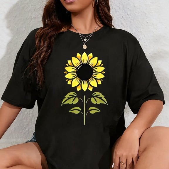 100% Cotton Womens Cotton Tees Sunflower Sunshine Floral Watercolor Flower T-Shirt Inspirational Tees Casual Shirt Tops