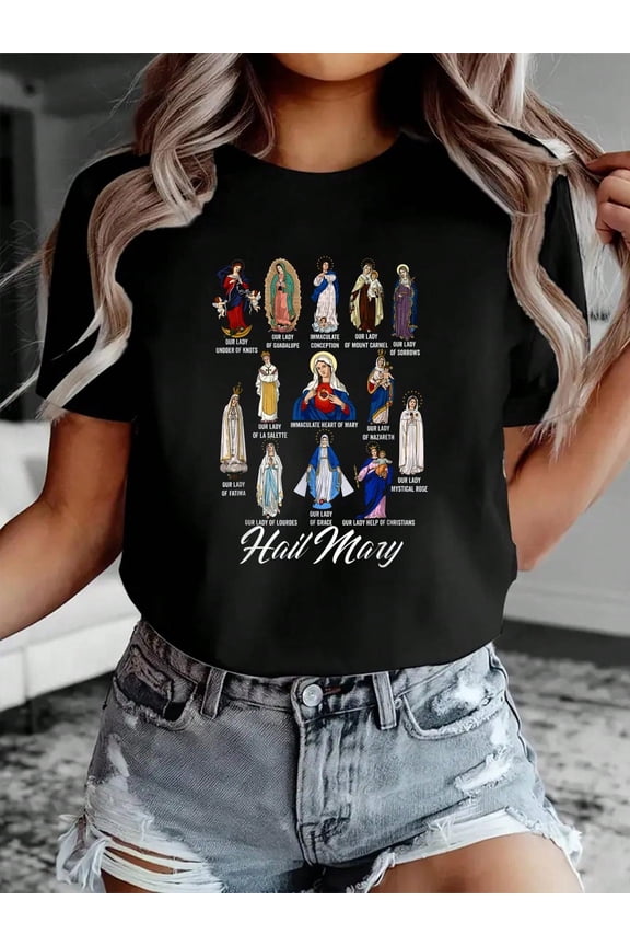 100% Cotton Womens Graphic T-Shirt Our Lady The Mother Latin Marian Titles Catholic T-Shirt