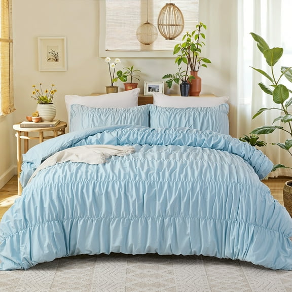 100% Cotton Wrinkle Duvet Cover Set,Ruched Bedding Comforter Cover,Shabby Chic Ruffled 3 Pcs Queen Duvet Cover Set,Bohemian Boho Bedding Set with Zipper Closure and Corner Ties 1 Duvet  Cover 2 Pillo
