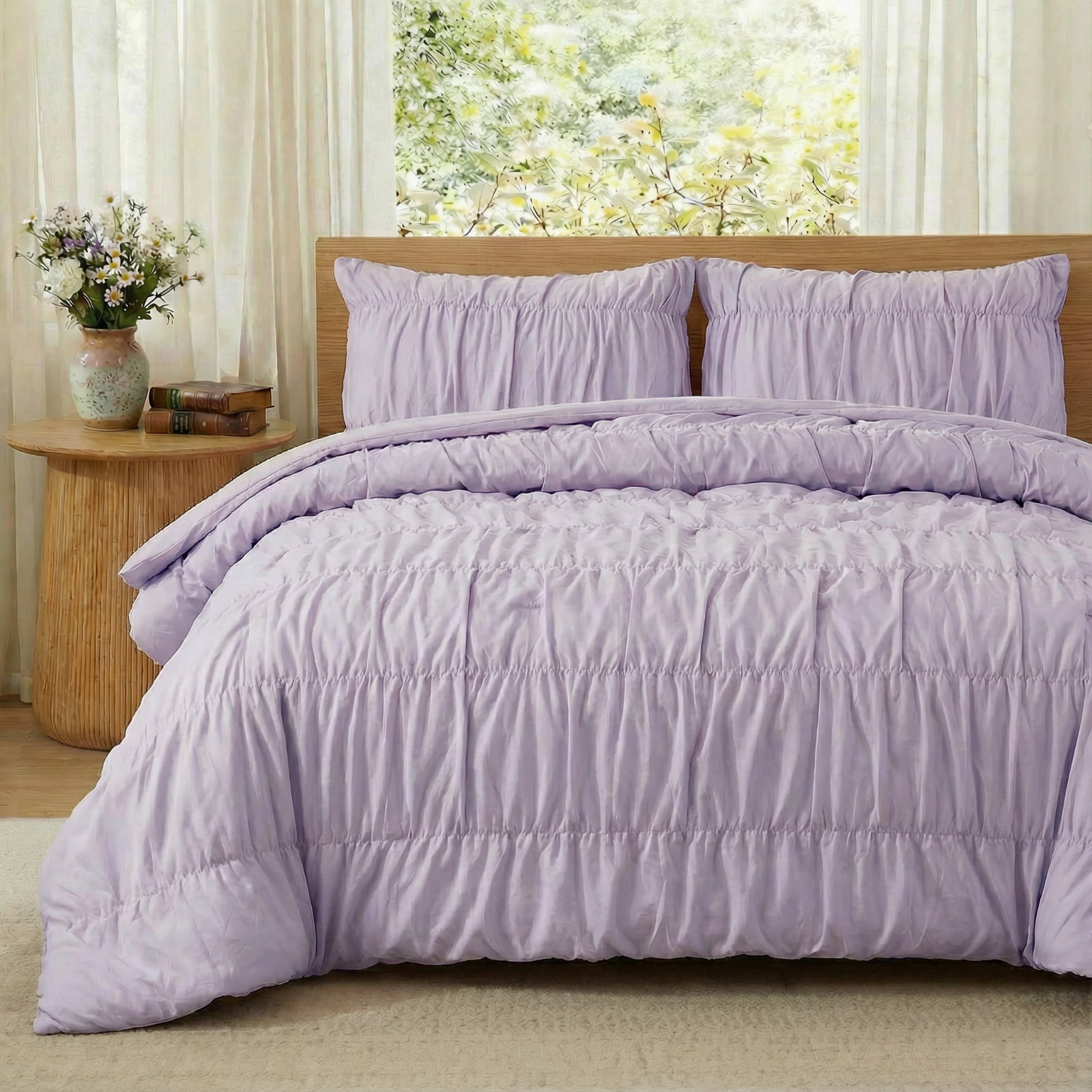 100% Cotton Purple Wrinkle Duvet Cover Set Queen Size,Ruched Bedding Comforter Cover,Shabby Chic Ruffled 3 Pcs Queen Duvet Cover Set,Bohemian Boho Bedding Set with 1 Duvet  Cover 2 Pillowcases