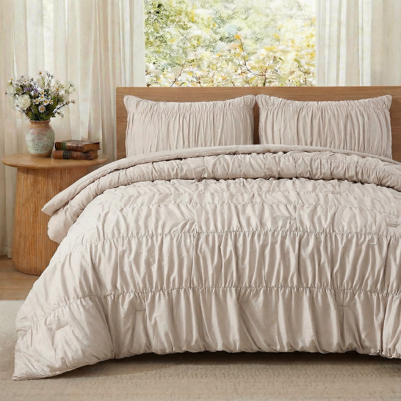 100% Cotton Wrinkle King Duvet Cover Set,Ruched Bedding Comforter Cover,Shabby Chic Ruffled 3 Pcs Queen Duvet Cover Set,Bohemian Boho Bedding Set 1 Duvet  Cover 2 Pillowcases