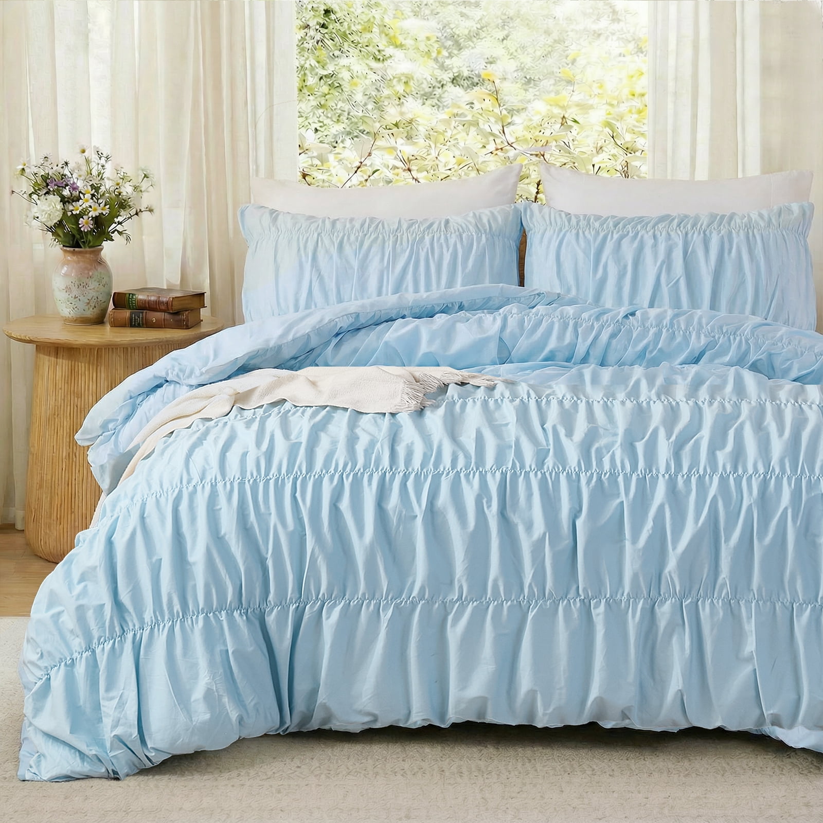 100% Cotton Blue Wrinkle Duvet Cover Set Queen Size,Ruched Bedding Comforter Cover,Shabby Chic Ruffled 3 Pcs Queen Duvet Cover Set,Bohemian Boho Bedding Set with Zipper 1 Duvet  Cover 2 Pillowcases
