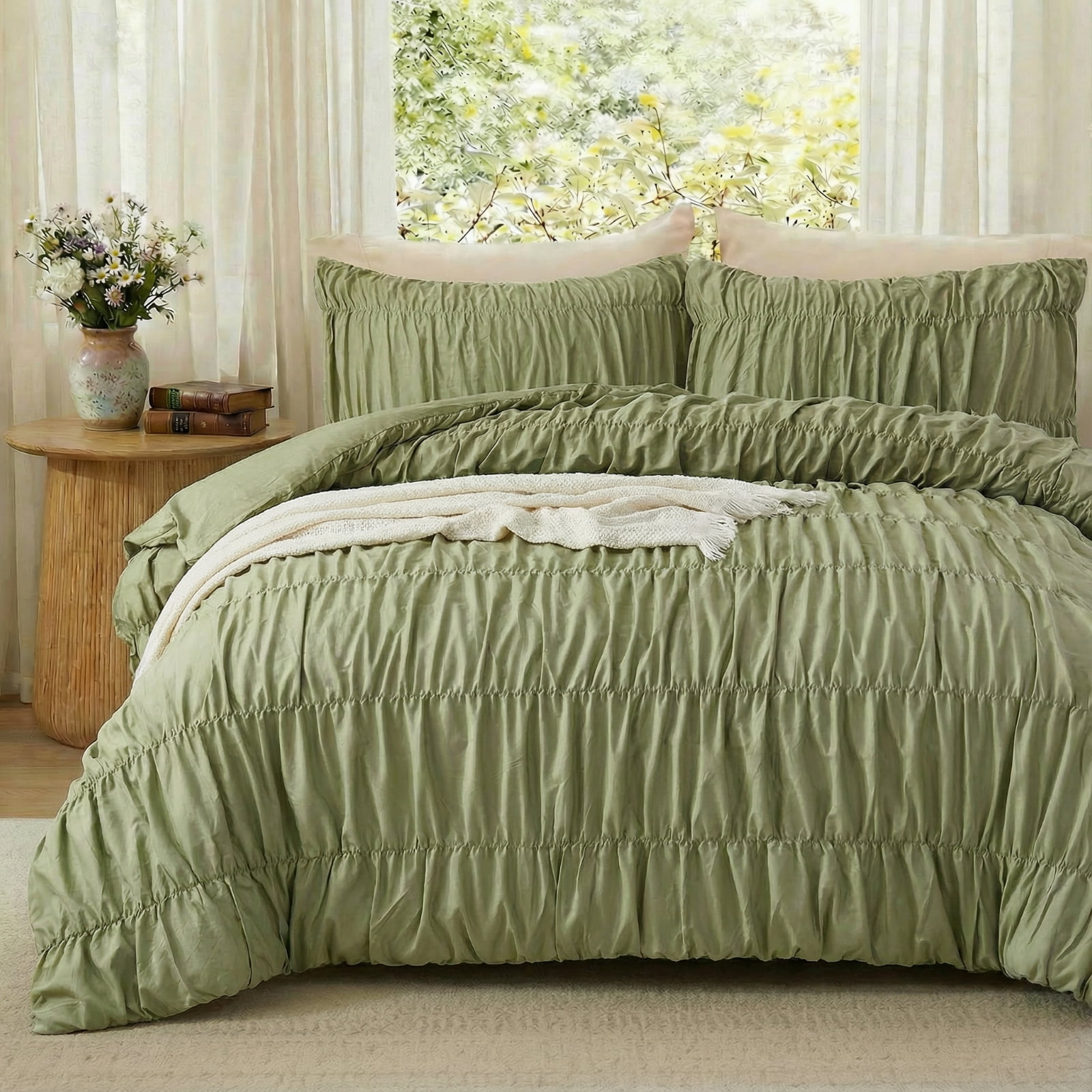 100% Cotton Green Wrinkle Duvet Cover Set Queen,Ruched Bedding Comforter Cover,Shabby Chic Ruffled 3 Pcs Queen Duvet Cover Set,Bohemian Boho Bedding Set with 1 Duvet  Cover 2 Pillowcases