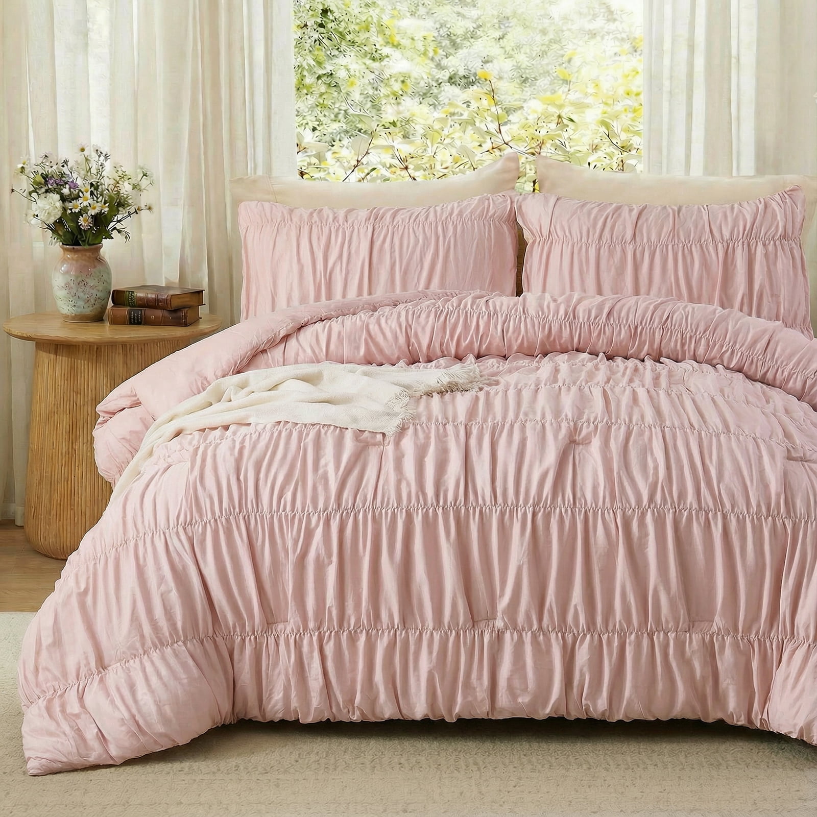 100% Cotton Pink Wrinkle Duvet Cover Set King Size,Ruched Bedding Comforter Cover,Shabby Chic Ruffled 3 Pcs Queen Duvet Cover Set,Bohemian Boho Bedding Set with 1 King Duvet  Cover 2 Pillowcases