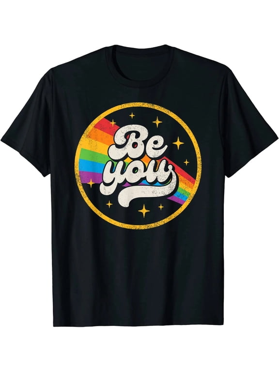 100% Cotton Be You Pride Rainbow Flag Graphic T-Shirt, LGBTQ+ Ally Retro Galaxy Casual Tee, Soft Unisex Short Sleeve Shirt for Adults, Pride Gift T-Shirt for Men and Women