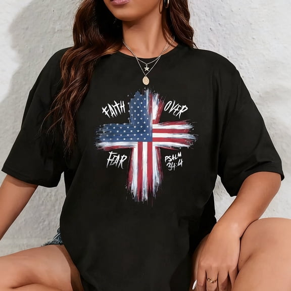 100% Cotton Your Country USA Dibble Dabble Designs Patriotic USA American Flag Faith Over Fear Prayer T-Shirt