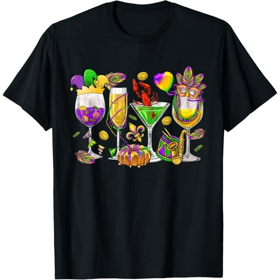 100% Cotton for Both Men and WomenMardi Gras Glass Of Wine Funny Drinking Wine Festival Parade T-Shirt