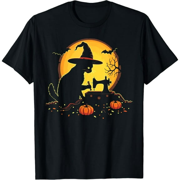 100% Cotton for Both Men and WomenWitch Cat Sewing Halloween Costume Thread Moon Art Women T-Shirt