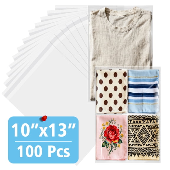 100 Count 10x13 Inch Clear Cellophane Plastic Bags, Resealable Self-Sealing Cello Bags