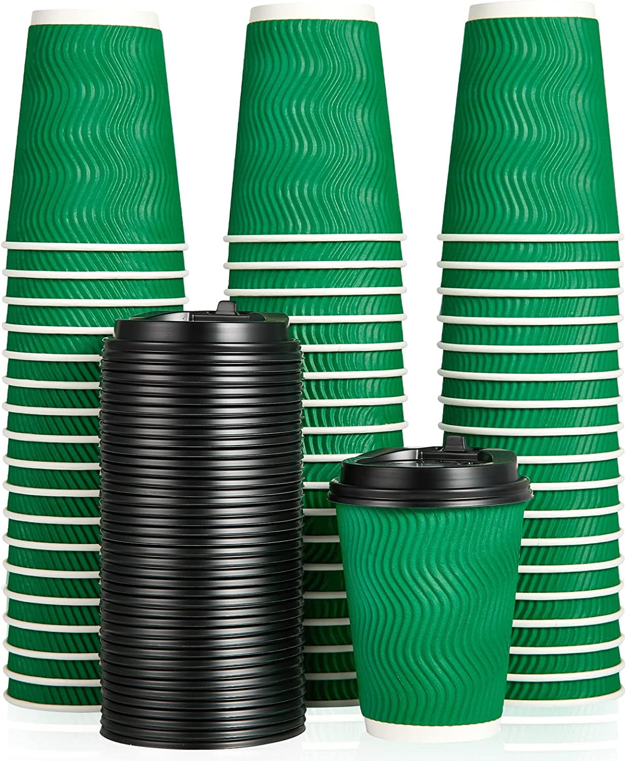 100 Count 12 oz Coffee Cups with Lids, Insulated Ripple Wall Paper Hot ...