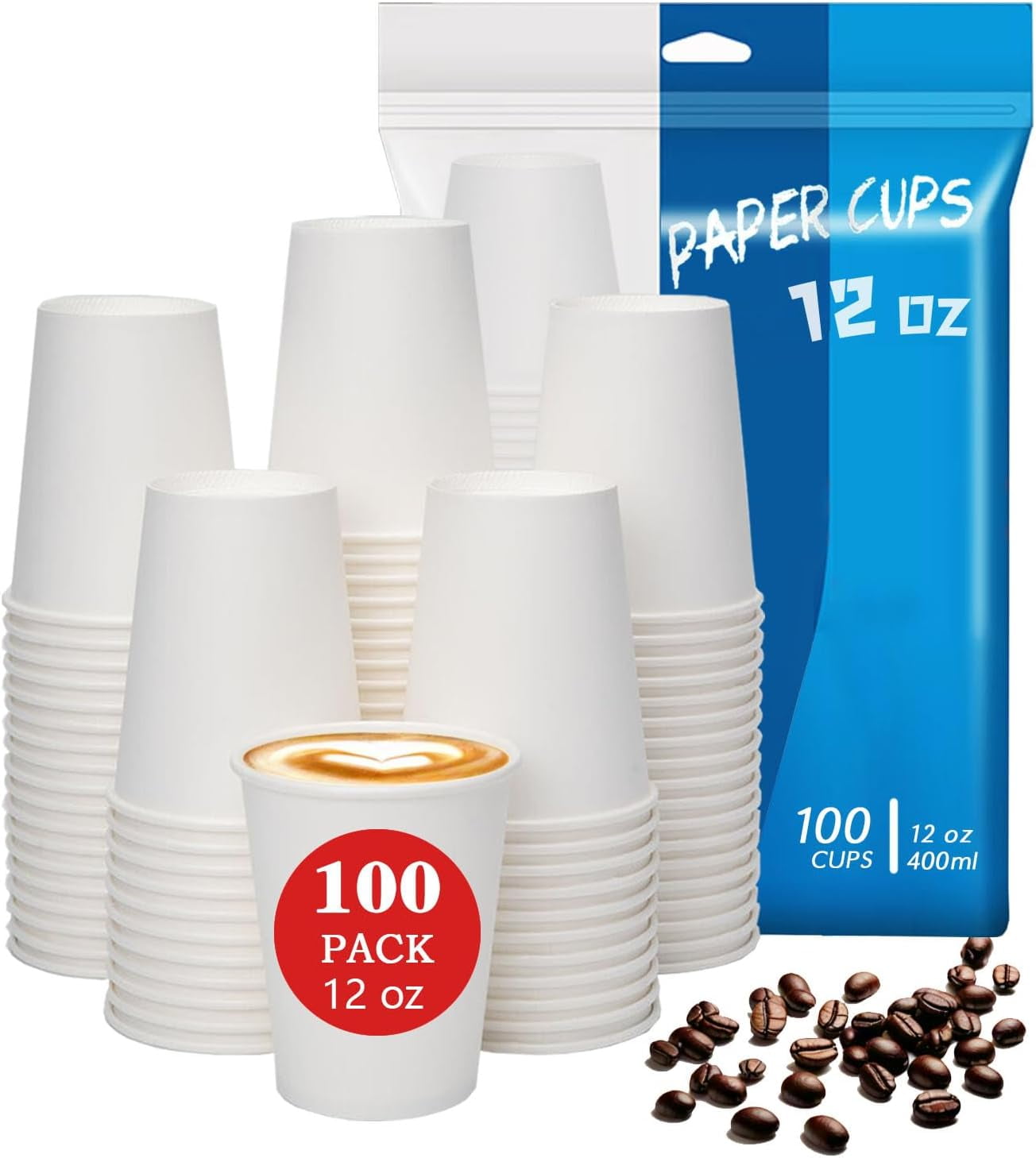 100 Count 12 oz Paper Cups, Hot Paper Coffee Cups 12 oz, Leak-Proof ...