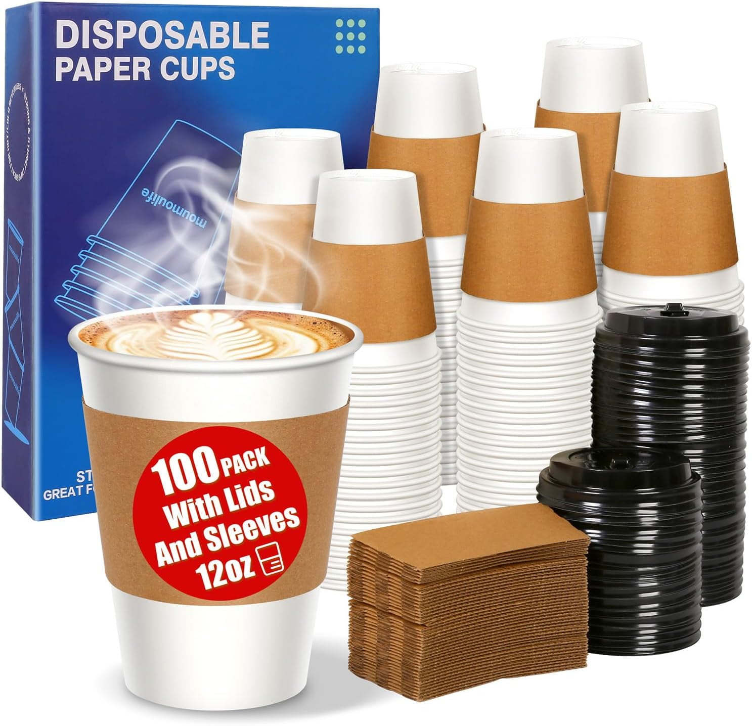 100 Count 12 oz Paper Cups, Hot Paper Coffee Cups 12 oz, Leak-Proof ...