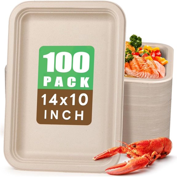 100 Count 14 Inch Compostable Sugarcane Paper Trays Natural