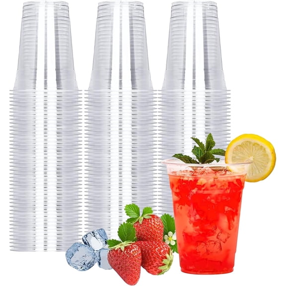 100 Count - 16 Ounce Plastic Cups, Ice Coffee Cups To Go - Crystal Clear PET Party Cups