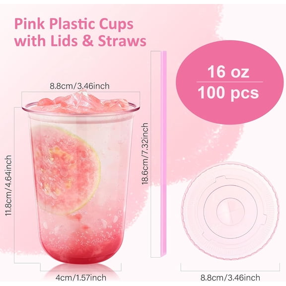 100 Count 16 oz Plastic Cups with Lids and Straws for Cold Drinks