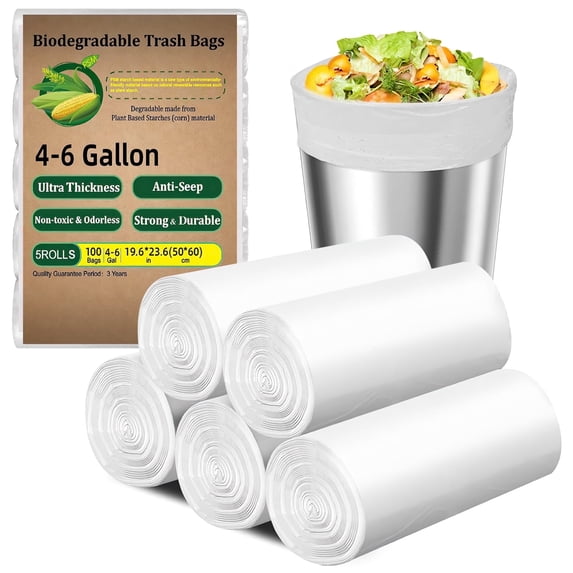 GPED 100 Count 4-6 Gallon Small Trash Bags, Biodegradable Extra Strong Unscented Garbage Bags, Expanded Size for Bathroom Bedroom Office Kitchen, White