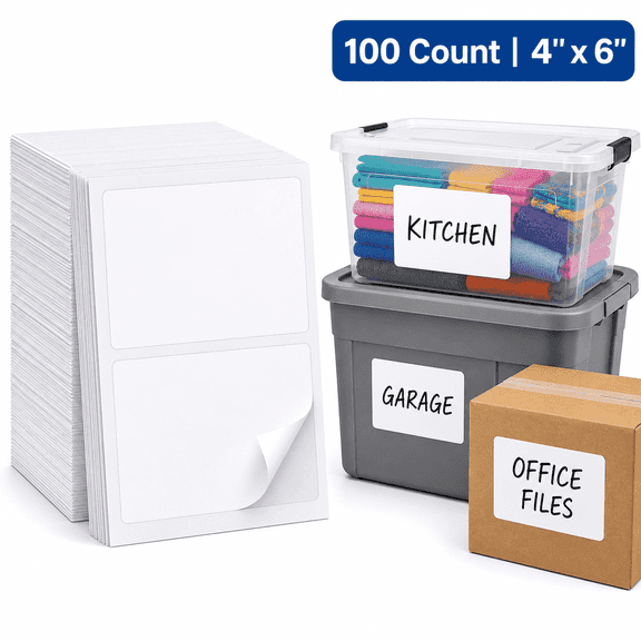 100 Pack 4" x 6" Waterproof Storage Bin Labels, Removable Labels for Storage Bins, Blank Moving Box Labels, Tear-Resistant Matte White Waterproof Stickers for Garage, Pantry, Office & Warehouse Organ