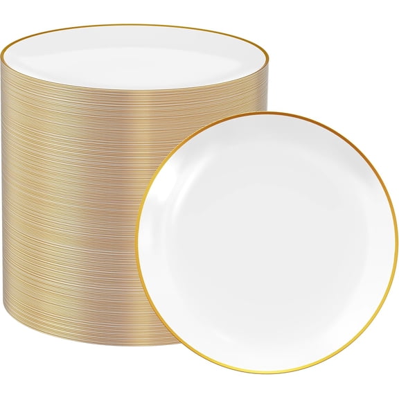 100 Count 7 Inch Gold Rim Disposable Plastic Plates, Heavy Duty Premium Hard Plastic Salad and Dessert Plates for Parties, Weddings, and Events