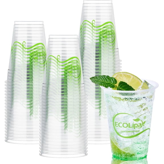 100 Count 9 OZ Clear Compostable Plastic Cups, Disposable Plant-Based Biodegradable Drinking Party Cups, PLA Plastic Cold Tumblers for Daily, Family, Party, Gathering