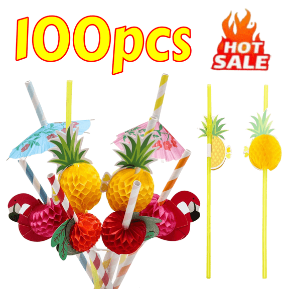 100-Count Assorted Tropical Paper Straws, Flamingo Fruit Pineapple & Umbrella Decorated Straws for Cocktails, Party Decorations, Summer Theme Events