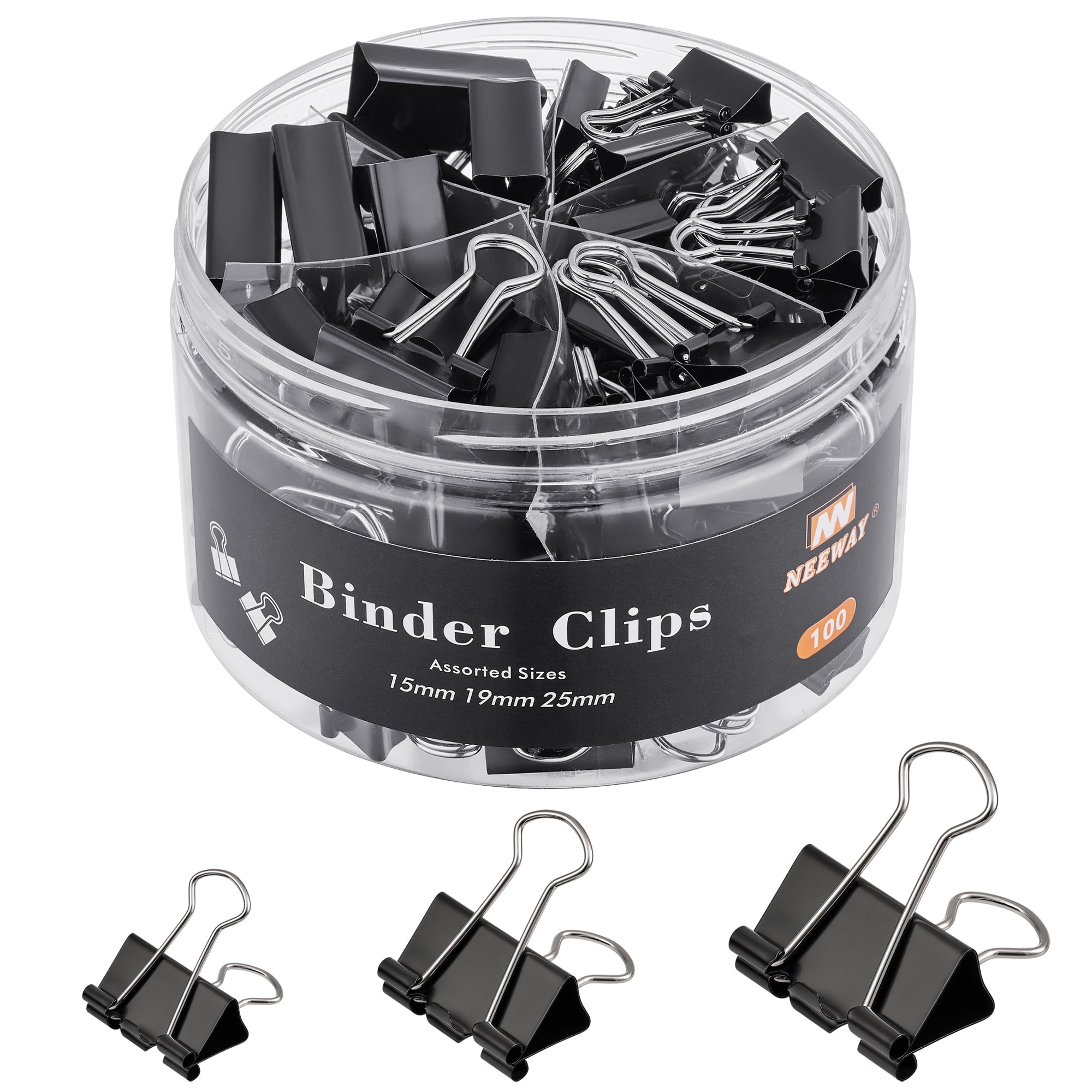 100 Count Binder Clips Assorted Sizes, Paper Binder Clips (0.6inch 0.75inch 1inch), Metal Paper Clamps for Office and Home (Black)