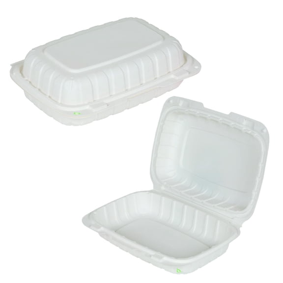 100 Count - Biodegradable 9x6 Take Out Food Containers with Clamshell Hinged Lid - Eco Friendly Sugarcane Bagasse 100% Compostable, Recyclable, ToGo, Restaurant Carry Out, Party Take Home Boxes