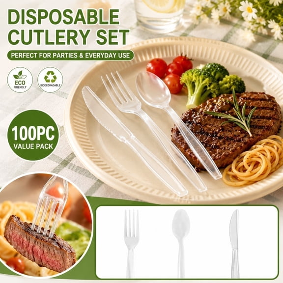 100 Count Biodegradable Disposable Flatware Kit, Heat Resistant Compostable Plastic Knife Fork Spoon, Heavy Duty Eco Tableware for Birthday Party, Western Steak, Dessert Cake