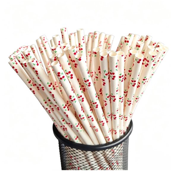 100 Count Biodegradable Fruit Print Paper Straws, Disposable Decorative Drinking Straws for Party & Beverage