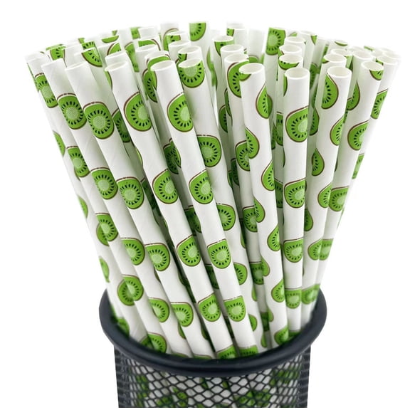 100 Count Biodegradable Fruit Print Paper Straws, Disposable Decorative Drinking Straws for Party & Beverage