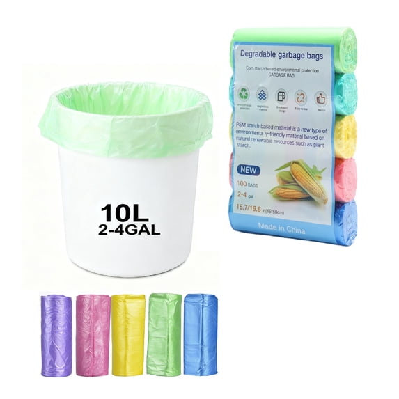 100 Count Biodegradable 2-4 Gallon SmallTrash Bags, 10 Liter,5 Rolls Kitchen Bathroom Bedroom Trash Can Liners, Plant-Based Leakproof Garbage Bags for Home Office Use,Multiple colors