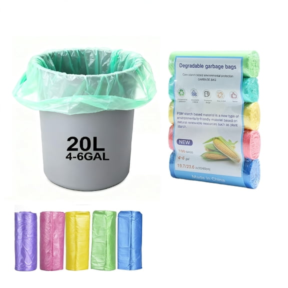 100 Count Biodegradable 4-6 Gallon SmallTrash Bags,20 Liter,5 Rolls Kitchen Bathroom Bedroom Trash Can Liners, Plant-Based Leakproof Garbage Bags for Home Office Use,Multiple colors