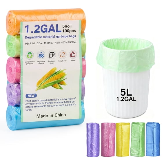 100 Count Biodegradable 1.2 Gallon SmallTrash Bags,5 Liter,5 Rolls Kitchen Bathroom Bedroom Trash Can Liners, Plant-Based Leakproof Garbage Bags for Home Office Use,Multiple colors