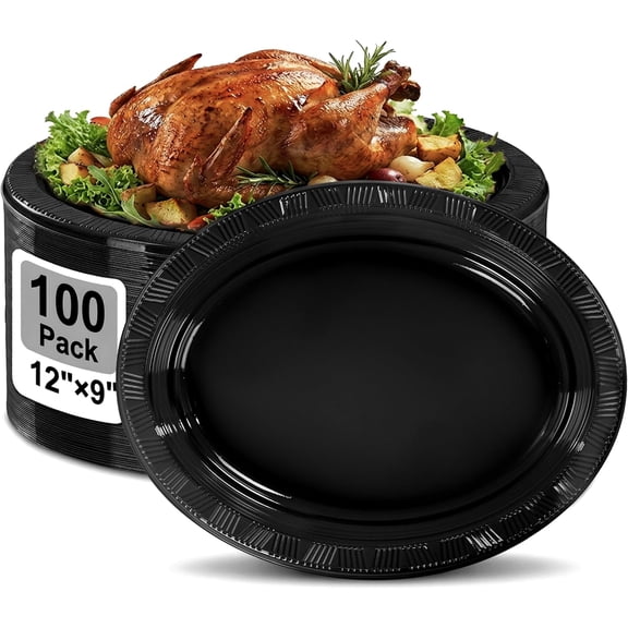 100 Count Black 12 Inch Oval Disposable Plastic Plates