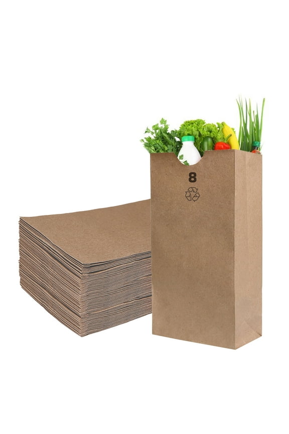 [100 Count] Brown Kraft Paper Bag (8 lb) Small - Paper Lunch Bags, Small Snacks, Gift Bags, Grocery, Merchandise, Party Bags (6 1/8 x 4 1/8 x 12 7/16 inches) (8 Pound Capacity) by EcoQuality