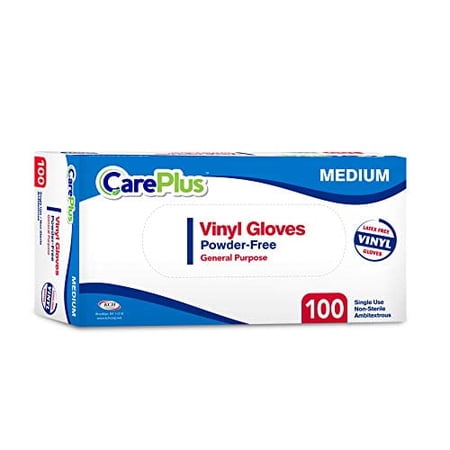 [100 Count] Care Plus Disposable Plastic Vinyl Clear Medium Gloves, Allergy, Latex And Powder Free, Great For Home Kitchen Or Office Cleaning, Cooking, 1 Box