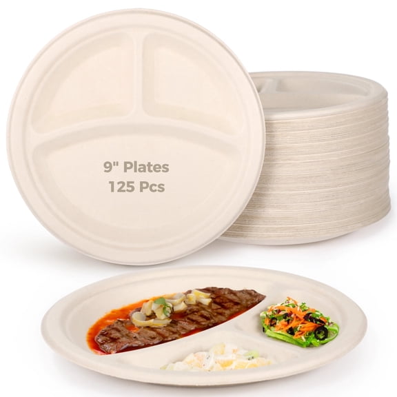 125 Pcs Disposable Paper Plates, 9" 3-Compartment Plates, Waterproof & Oil-resistant Divided Plates, Microwave Safe, Heavy-duty Round Plates for Party, Picnic, BBQ, and Everyday Meals