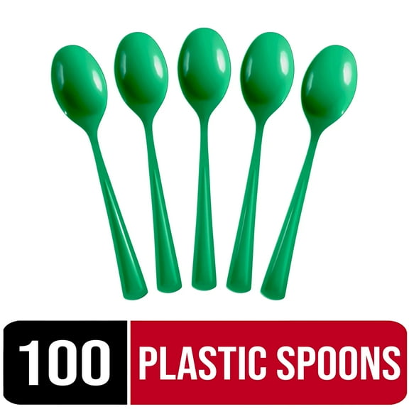 100 Count Disposable Spoons - Heavy Weight Emerald Green Plastic Spoons by Exquisite