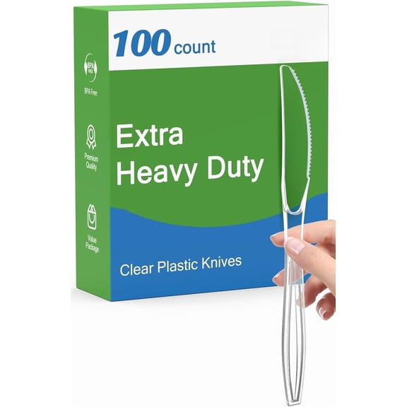100 Count Extra Heavy Duty Clear Plastic Knives, Disposable, BPA Free, Heat Resistant, Strong and Durable, Bulk Premium Plastic Knives, Heavy Duty, Party Supplies