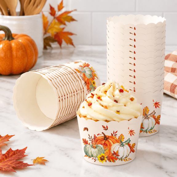 100 Count Fall Themed Paper Baking Cups with Pumpkin Maple Leaf Designs