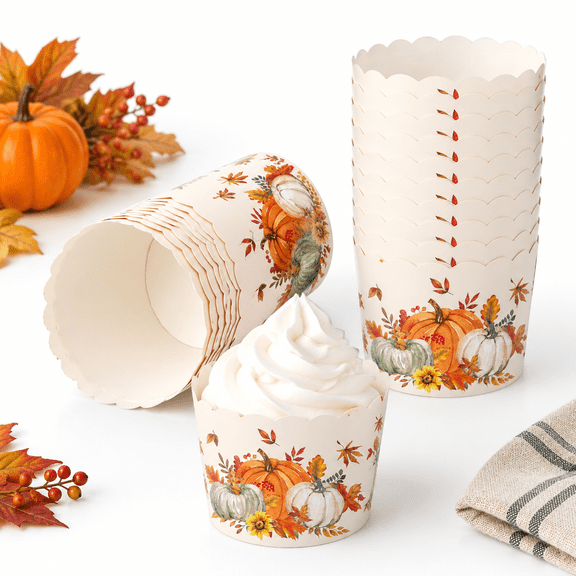 100 Count Fall Themed Paper Baking Cups with Pumpkin and Maple Leaf Designs