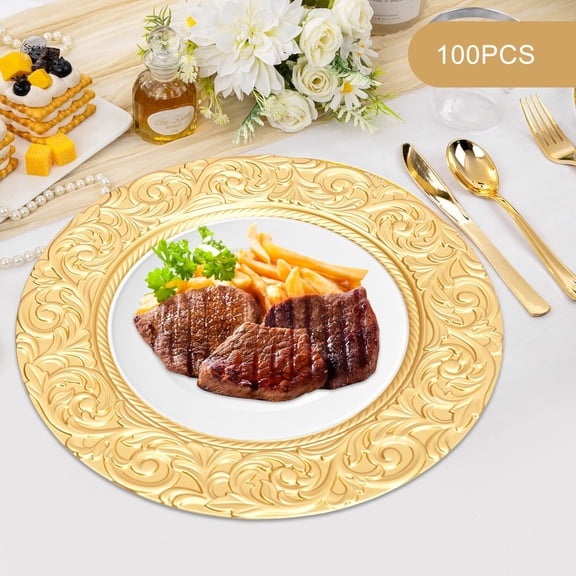 100 Count Gold Round Charger Plates Set for Parties, Weddings & Events