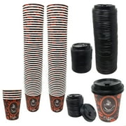100 Count High Quality Disposable Paper Hot Coffee Cups with Lids, Perfect For Hot Drinks Tea & Coffee, Coffee Shops And Bars (8oz, Coffee Bean Design)